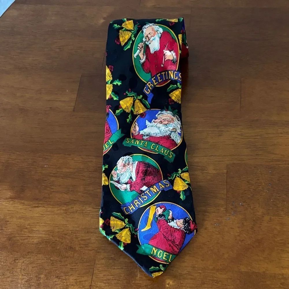 Addiction Christmas Santa Claus Silk Tie - Black and Multicolor XL